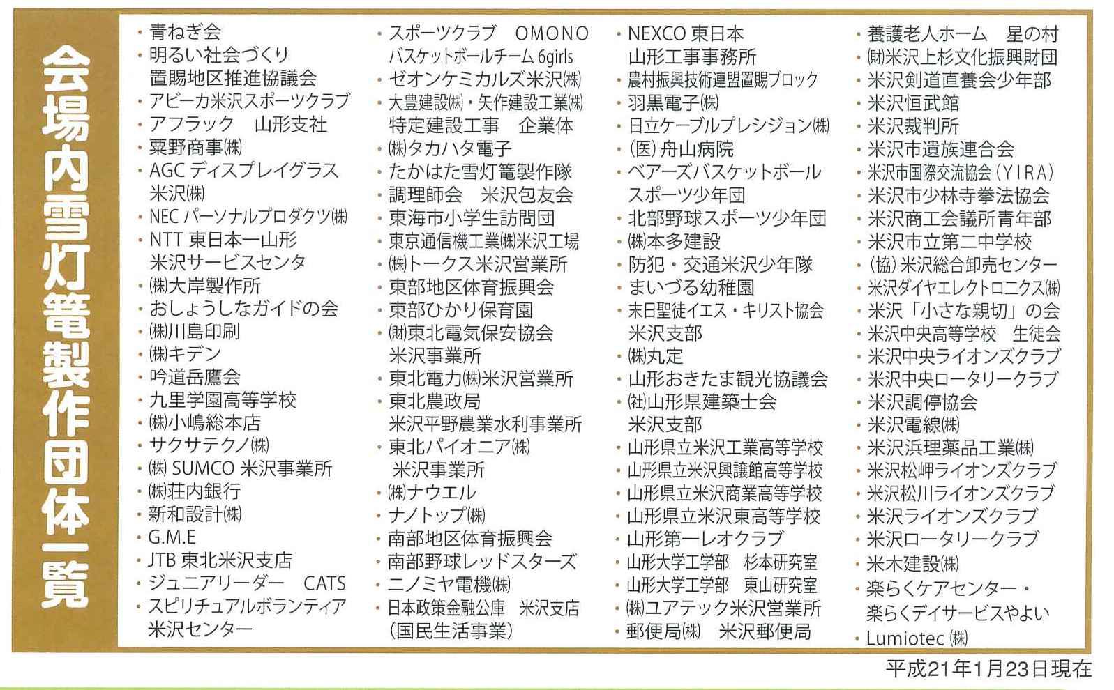 [平成21年の情報]第32回上杉雪灯篭まつり会場内雪灯篭製作団体一覧