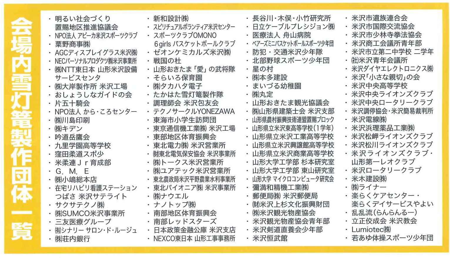 【平成23年の情報】第34回上杉雪灯篭まつり会場内雪灯篭製作団体一覧